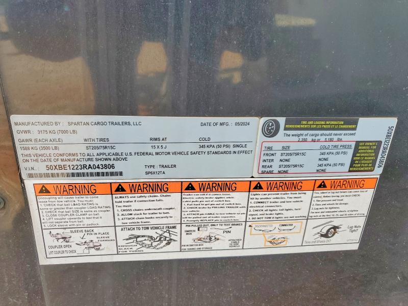 2024 Spartan Cargo Cargo Encl მანქანა იყიდება აუქციონზე, vin: 50XBE1223RA043806, აუქციონის ნომერი: 58797196