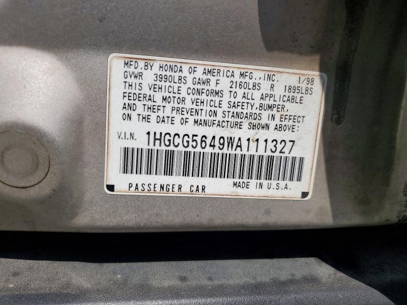 1998 Honda Accord მანქანა იყიდება აუქციონზე, vin: 1HGCG5649WA111327, აუქციონის ნომერი: 59647246