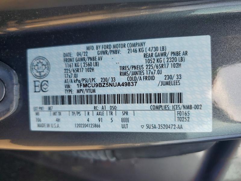 2022 Ford Escape მანქანა იყიდება აუქციონზე, vin: 1FMCU9BZ5NUA49837, აუქციონის ნომერი: 58029106