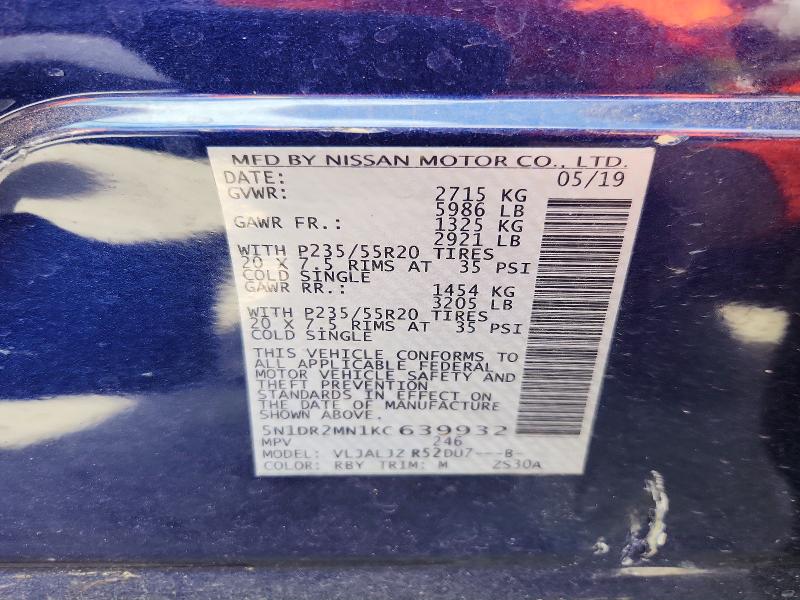 Продаж на аукціоні авто 2019 Nissan Pathfinder, vin: 5N1DR2MN1KC639932, номер лоту: 61426406