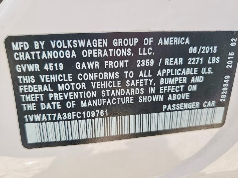 Продажа на аукционе авто 2015 Volkswagen Passat, vin: 1VWAT7A38FC109761, номер лота: 62122426