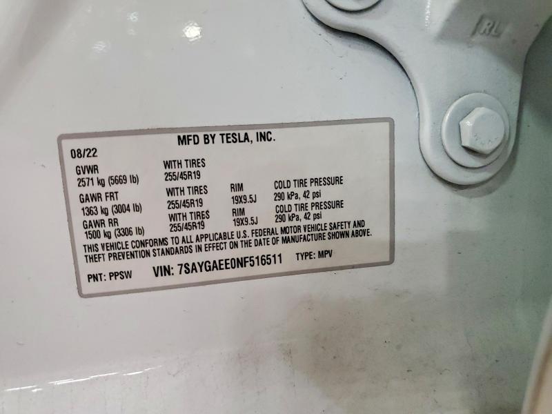 Продажа на аукционе авто 2022 Tesla Model Y, vin: 7SAYGAEE0NF516511, номер лота: 62130996