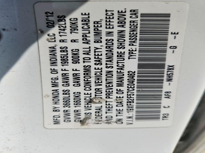 Продажа на аукционе авто 2012 Honda Civic, vin: 19XFB2F57CE040462, номер лота: 60599196