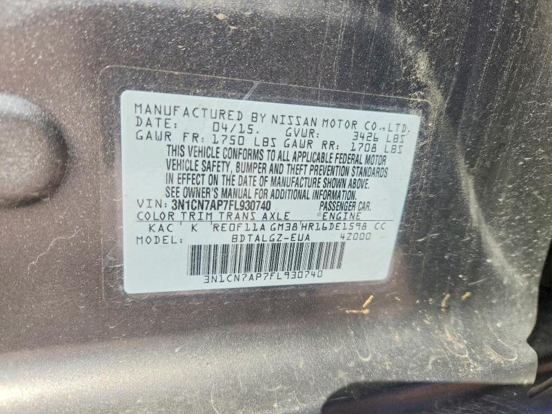 Продаж на аукціоні авто 2015 Nissan Versa, vin: 3N1CN7AP7FL930740, номер лоту: 62464866