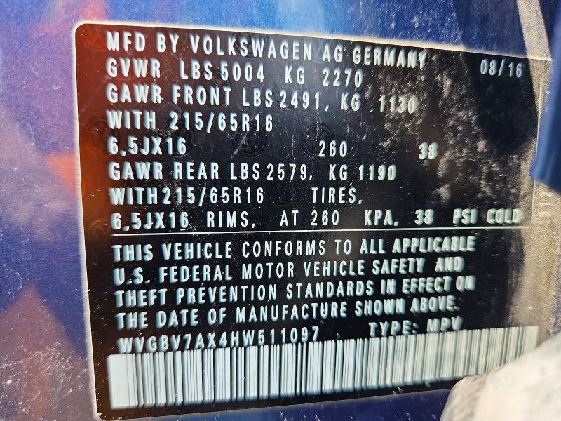 55573176 :رقم المزاد ، WVGBV7AX4HW511097 vin ، 2017 Volkswagen Tiguan مزاد بيع