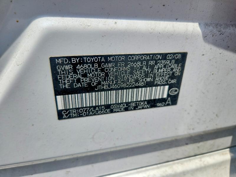 Aukcja sprzedaży 2008 Lexus Es, vin: JTHBJ46G982224481, numer aukcji: 60510926