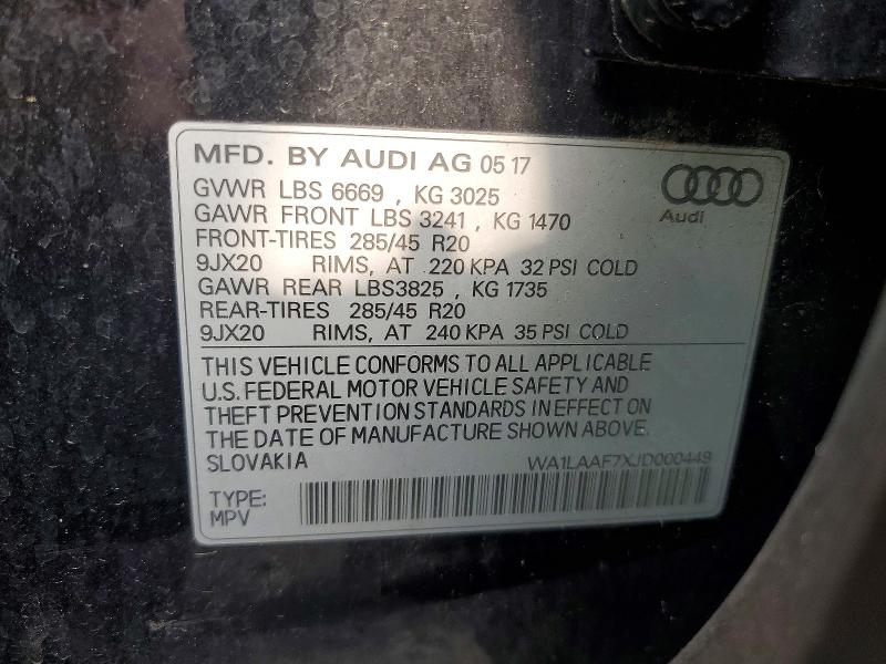 2018 Audi Q7 მანქანა იყიდება აუქციონზე, vin: WA1LAAF7XJD000449, აუქციონის ნომერი: 59370236