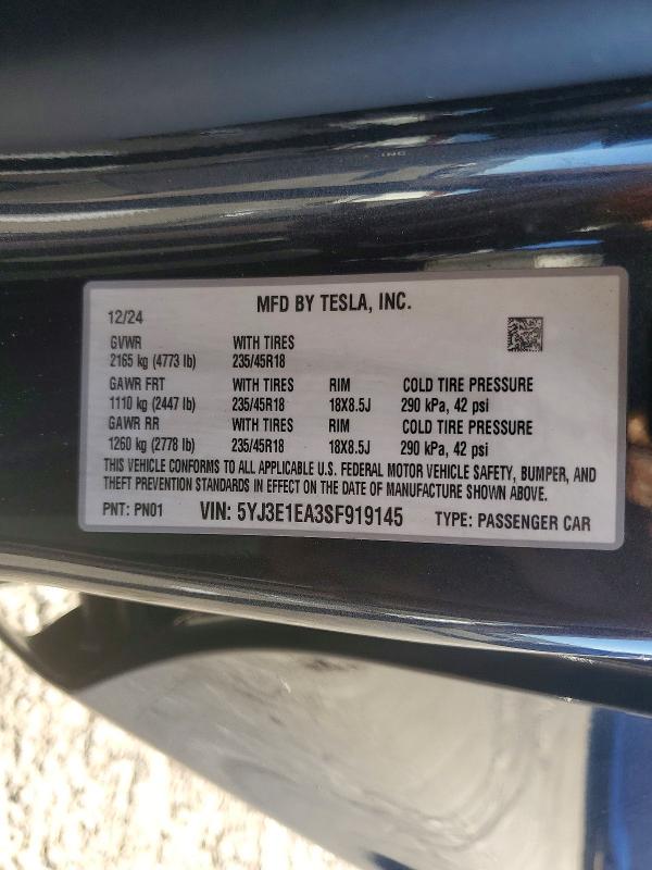 Продажа на аукционе авто 2025 Tesla Model 3, vin: 5YJ3E1EA3SF919145, номер лота: 59671086
