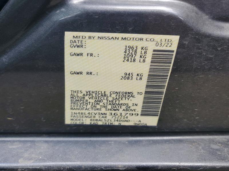 60638356 :رقم المزاد ، 1N4BL4CV3NN361799 vin ، 2022 Nissan Altima مزاد بيع