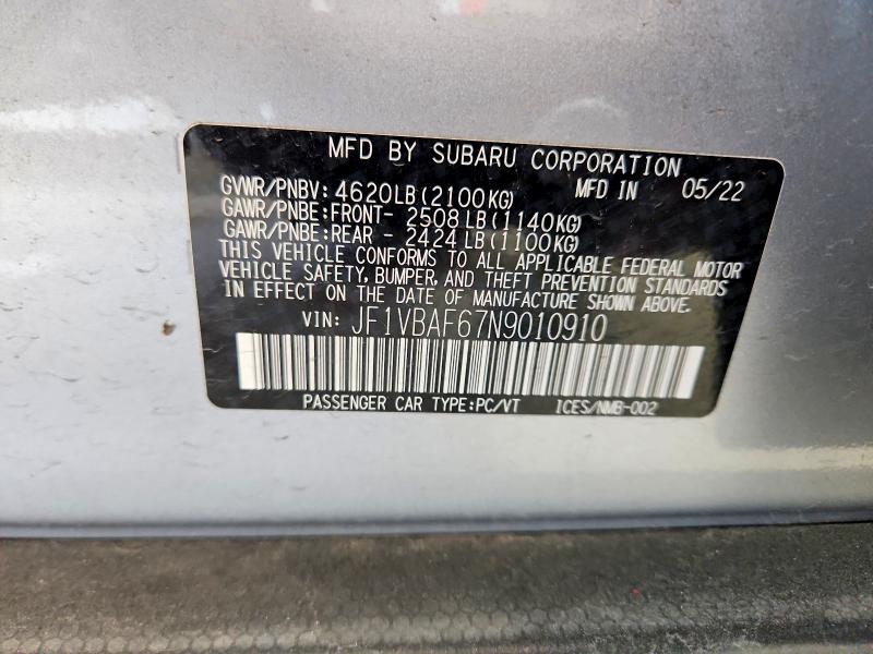 Aukcja sprzedaży 2022 Subaru Wrx, vin: JF1VBAF67N9010910, numer aukcji: 59642136