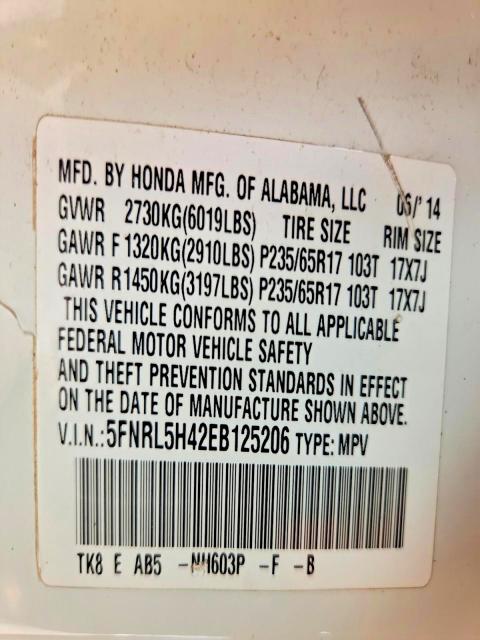 Продаж на аукціоні авто 2014 Honda Odyssey, vin: 5FNRL5H42EB125206, номер лоту: 60126966