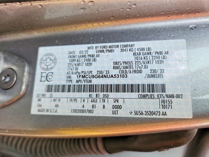 Aukcja sprzedaży 2022 Ford Escape, vin: 1FMCU9G64NUA53103, numer aukcji: 57636376