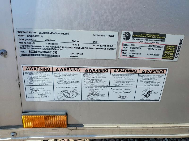 2022 Spartan Cargo Sp7x16ta მანქანა იყიდება აუქციონზე, vin: 50XBE1628NA031056, აუქციონის ნომერი: 60025216