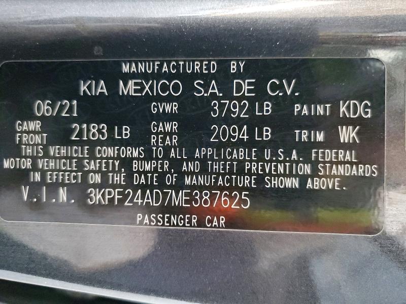 60604856 :رقم المزاد ، 3KPF24AD7ME387625 vin ، 2021 Kia Forte مزاد بيع