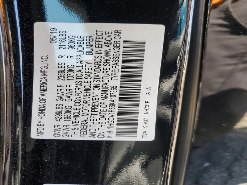 Продаж на аукціоні авто 2019 Honda Accord, vin: 1HGCV1F56KA107365, номер лоту: 61522946