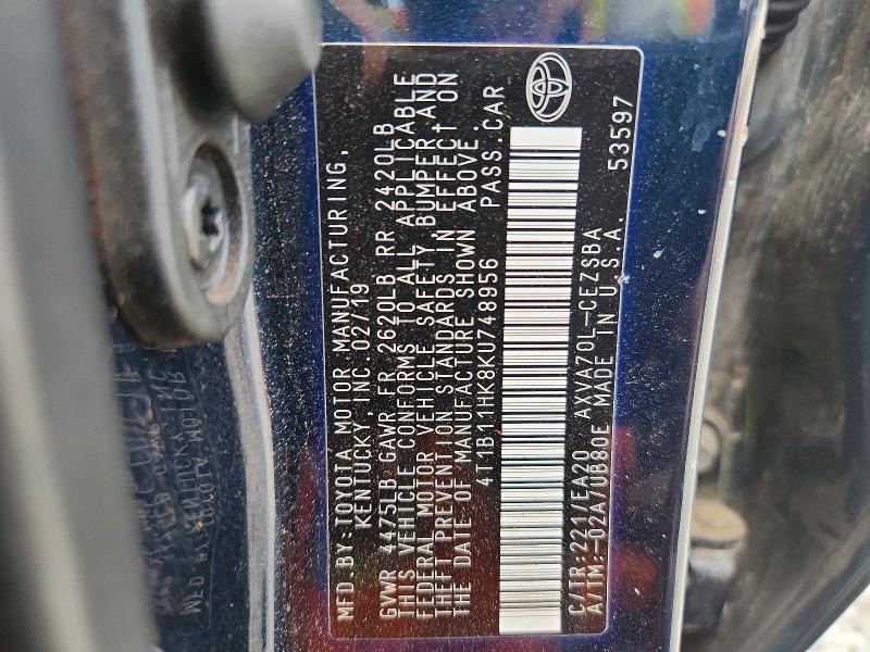 60497226 :رقم المزاد ، 4T1B11HK8KU748956 vin ، 2019 Toyota Camry مزاد بيع