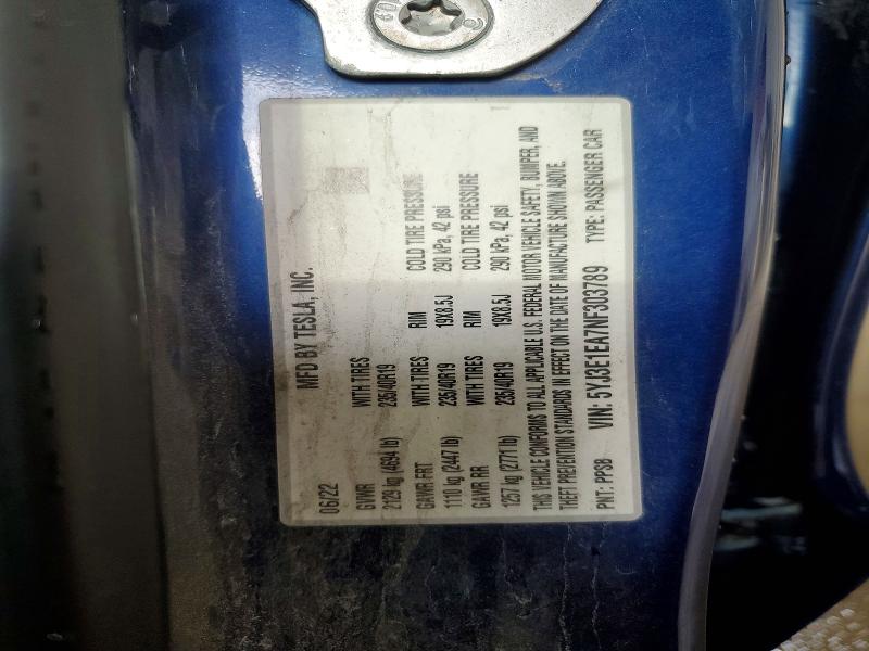62050476 :رقم المزاد ، 5YJ3E1EA7NF303789 vin ، 2022 Tesla Model 3 مزاد بيع