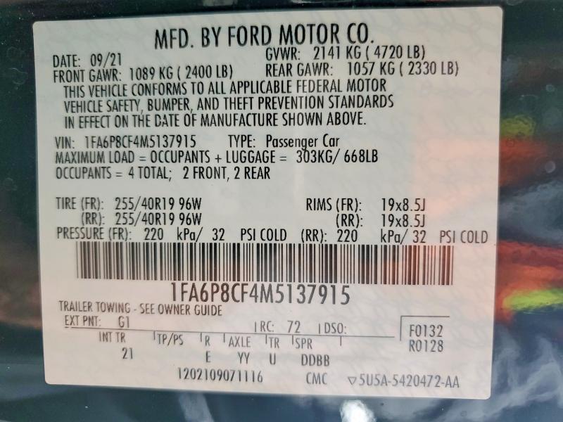60512066 :رقم المزاد ، 1FA6P8CF4M5137915 vin ، 2021 Ford Mustang مزاد بيع