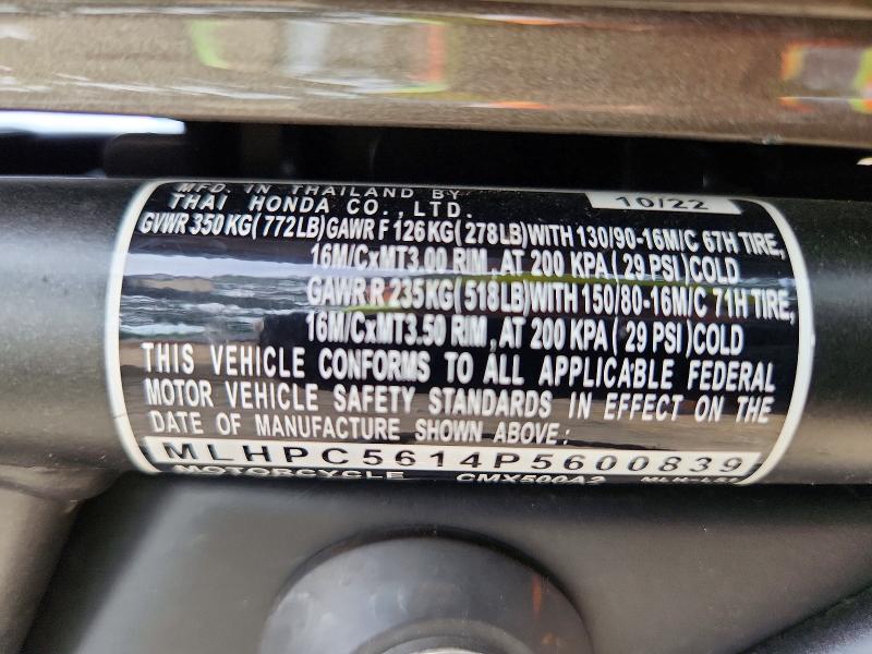2023 Honda Rebel 500 მანქანა იყიდება აუქციონზე, vin: MLHPC5614P5600839, აუქციონის ნომერი: 62443536