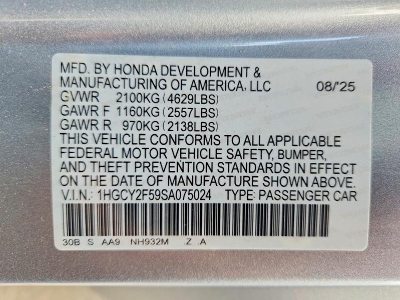 59707656 :رقم المزاد ، 1HGCY2F59SA075024 vin ، 2025 Honda Accord مزاد بيع
