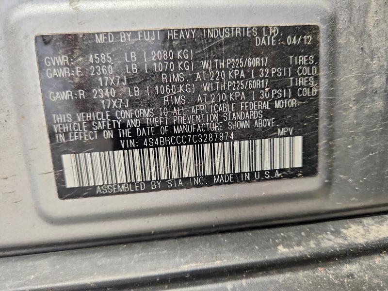 2012 Subaru Outback მანქანა იყიდება აუქციონზე, vin: 4S4BRCCC7C3287874, აუქციონის ნომერი: 61156976