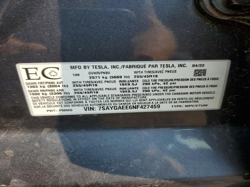 Продажа на аукционе авто 2022 Tesla Model Y, vin: 7SAYGAEE6NF427459, номер лота: 60028036