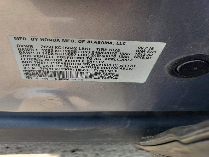 2016 Honda Pilot მანქანა იყიდება აუქციონზე, vin: 5FNYF6H55GB118626, აუქციონის ნომერი: 62024466