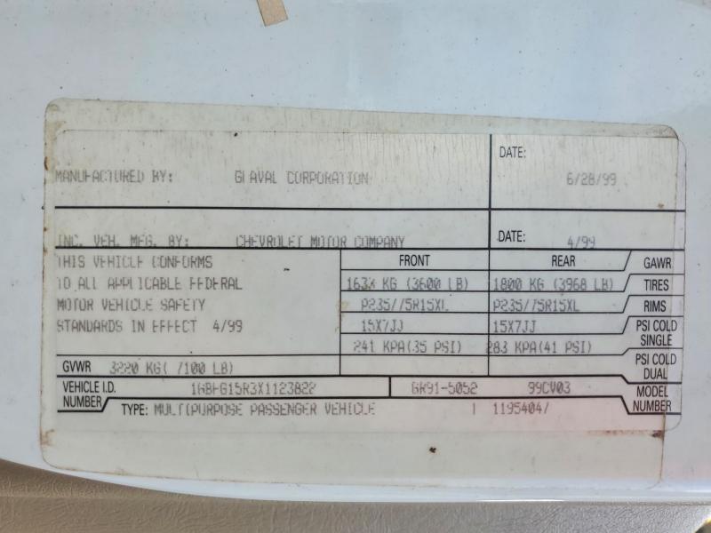 Aukcja sprzedaży 1999 Chevrolet Express G1500, vin: 1GBFG15R3X1123822, numer aukcji: 59849806