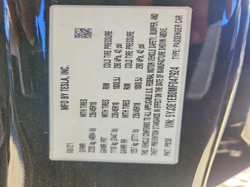 2021 Tesla Model 3 მანქანა იყიდება აუქციონზე, vin: 5YJ3E1EB0MF047924, აუქციონის ნომერი: 61234086