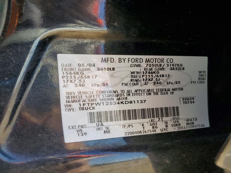 62283906 :رقم المزاد ، 1FTPW12534KD81137 vin ، 2004 Ford F150 مزاد بيع