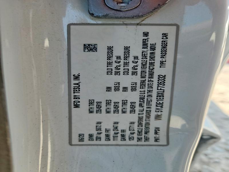2020 Tesla Model 3 მანქანა იყიდება აუქციონზე, vin: 5YJ3E1EBXLF735332, აუქციონის ნომერი: 85619985