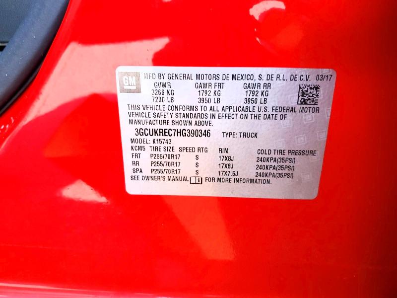 Продаж на аукціоні авто 2017 Chevrolet Silverado, vin: 3GCUKREC7HG390346, номер лоту: 62717006