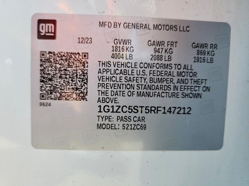 Aukcja sprzedaży 2024 Chevrolet Malibu, vin: 1G1ZC5ST5RF147212, numer aukcji: 59401596