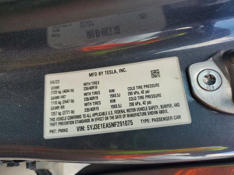 2022 Tesla Model 3 მანქანა იყიდება აუქციონზე, vin: 5YJ3E1EA5NF291075, აუქციონის ნომერი: 61229116