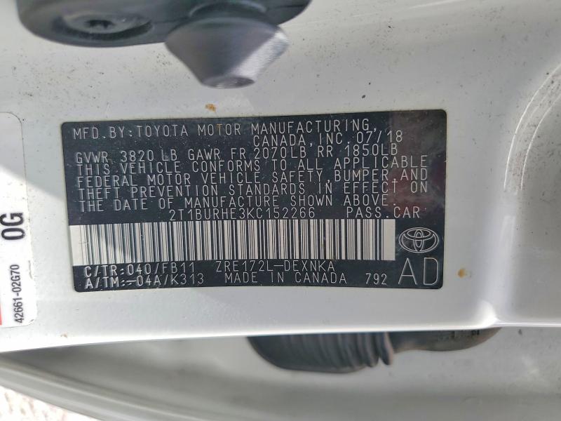 Продаж на аукціоні авто 2019 Toyota Corolla, vin: 2T1BURHE3KC152266, номер лоту: 61932506