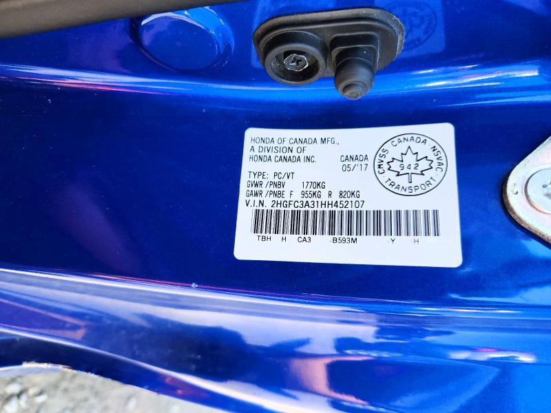 2017 Honda Civic მანქანა იყიდება აუქციონზე, vin: 2HGFC3A31HH452107, აუქციონის ნომერი: 58988486