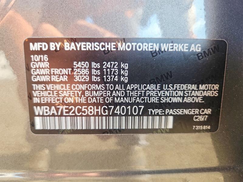 2017 Bmw 740 მანქანა იყიდება აუქციონზე, vin: WBA7E2C58HG740107, აუქციონის ნომერი: 62294596