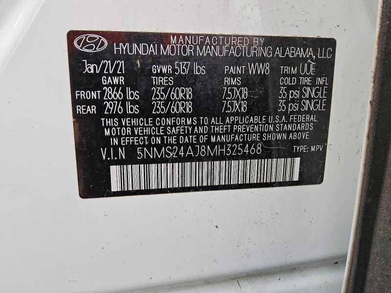 Aukcja sprzedaży 2021 Hyundai Santa Fe, vin: 5NMS24AJ8MH325468, numer aukcji: 62815046