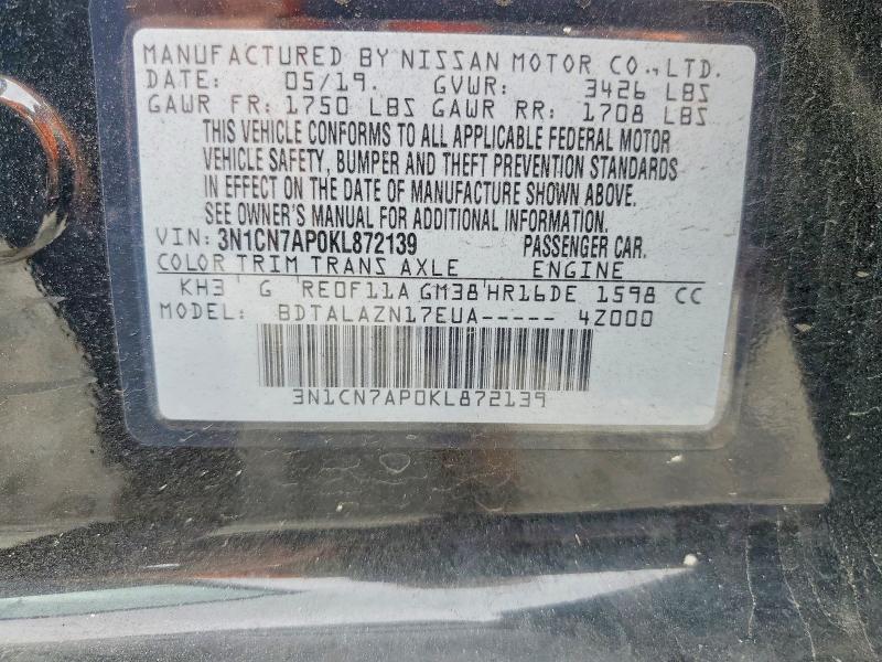 Aukcja sprzedaży 2019 Nissan Versa, vin: 3N1CN7AP0KL872139, numer aukcji: 60299366