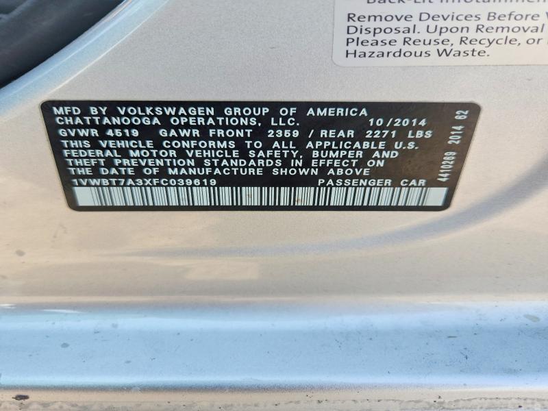 Aukcja sprzedaży 2015 Volkswagen Passat, vin: 1VWBT7A3XFC039619, numer aukcji: 62171246