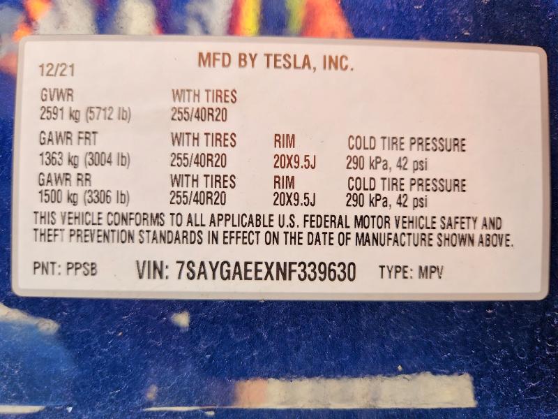 Продаж на аукціоні авто 2022 Tesla Model Y, vin: 7SAYGAEEXNF339630, номер лоту: 59402536