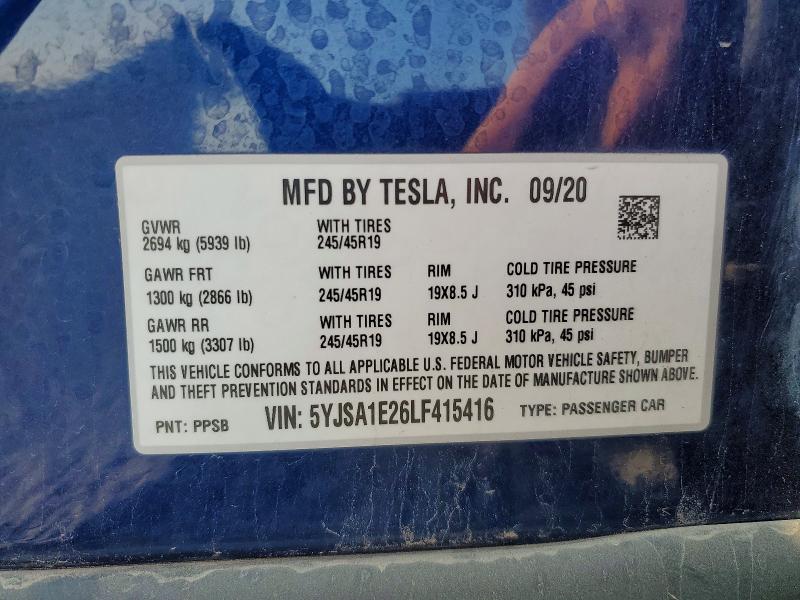 62877026 :رقم المزاد ، 5YJSA1E26LF415416 vin ، 2020 Tesla Model S مزاد بيع
