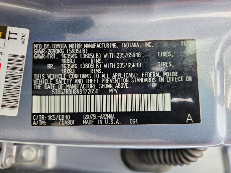 Aukcja sprzedaży 2022 Toyota Highlander, vin: 5TDGZRBH8NS172650, numer aukcji: 62954046
