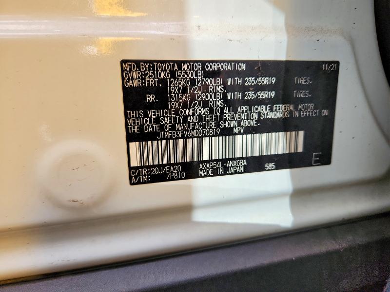 60465306 :رقم المزاد ، JTMFB3FV6MD070819 vin ، 2021 Toyota Rav4 Prime مزاد بيع