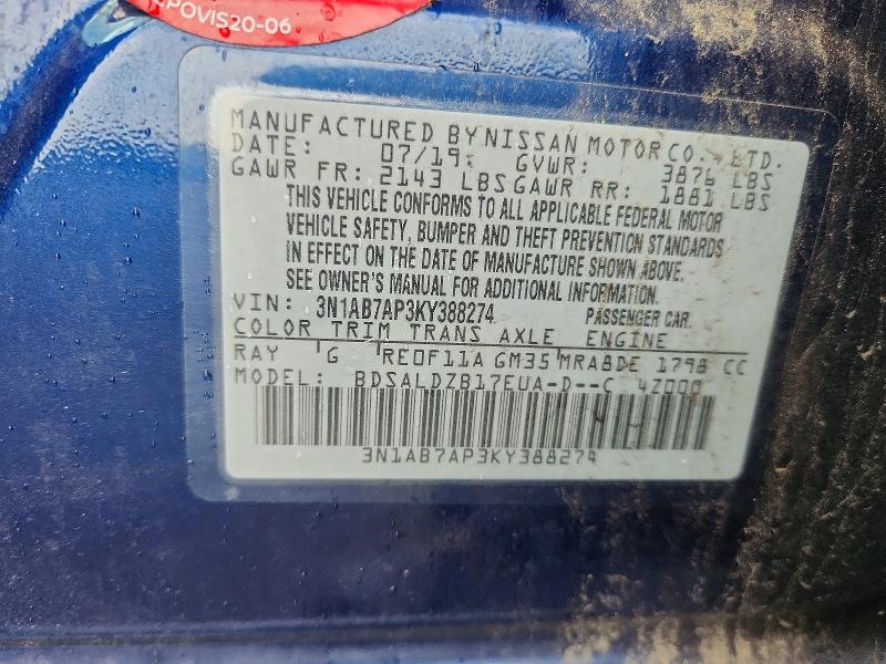 Aukcja sprzedaży 2019 Nissan Sentra, vin: 3N1AB7AP3KY388274, numer aukcji: 62203406