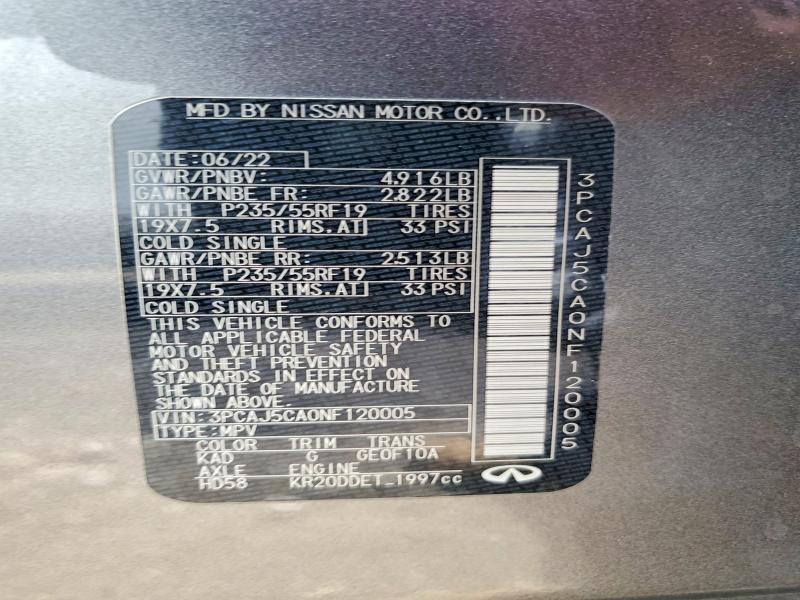 63197056 :رقم المزاد ، 3PCAJ5CA0NF120005 vin ، 2022 Infiniti Qx50 مزاد بيع