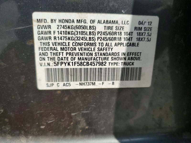 Продажа на аукционе авто 2012 Honda Ridgeline, vin: 5FPYK1F58CB457982, номер лота: 63014086