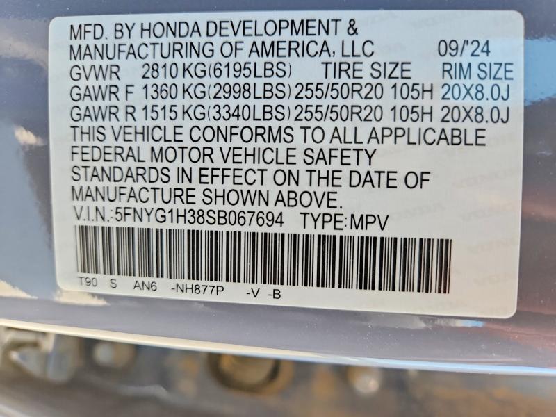 59620626 :رقم المزاد ، 5FNYG1H38SB067694 vin ، 2025 Honda Pilot مزاد بيع