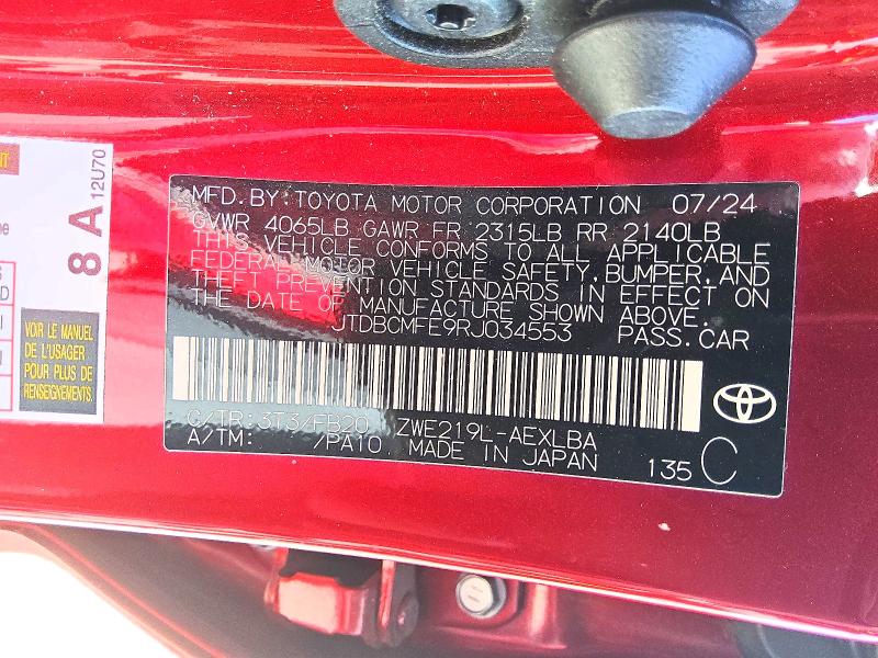2024 Toyota Corolla Hybrid მანქანა იყიდება აუქციონზე, vin: JTDBCMFE9RJ034553, აუქციონის ნომერი: 60488656