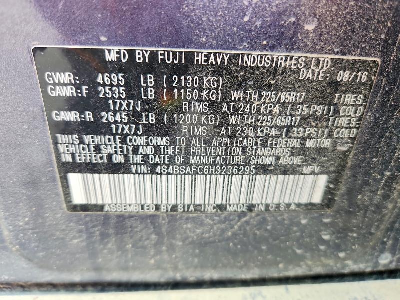 2017 Subaru Outback მანქანა იყიდება აუქციონზე, vin: 4S4BSAFC6H3236295, აუქციონის ნომერი: 60635296
